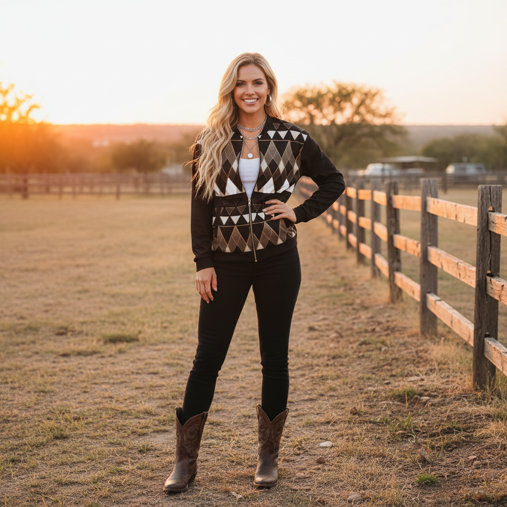 Blonde woman in geometric bomber with black jeans and cowboy boots