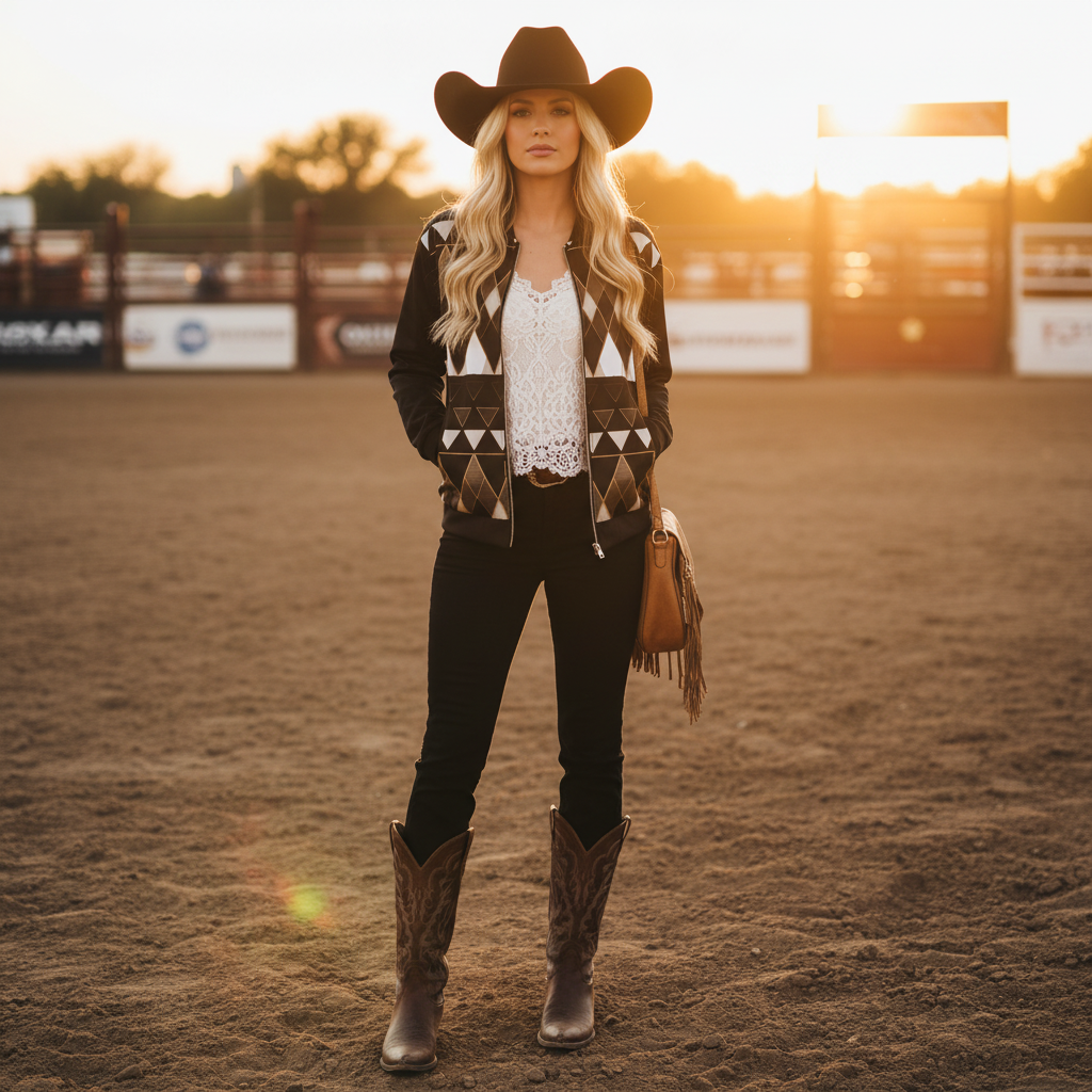 Blonde woman in geometric bomber with bootcut jeans and cowboy hat