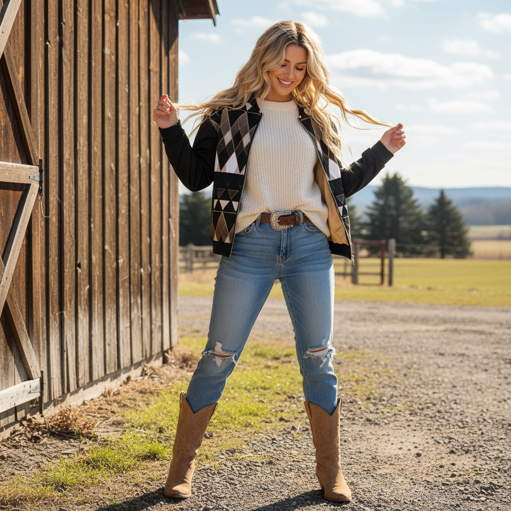 Blonde woman in geometric bomber with light jeans at Canadian barn