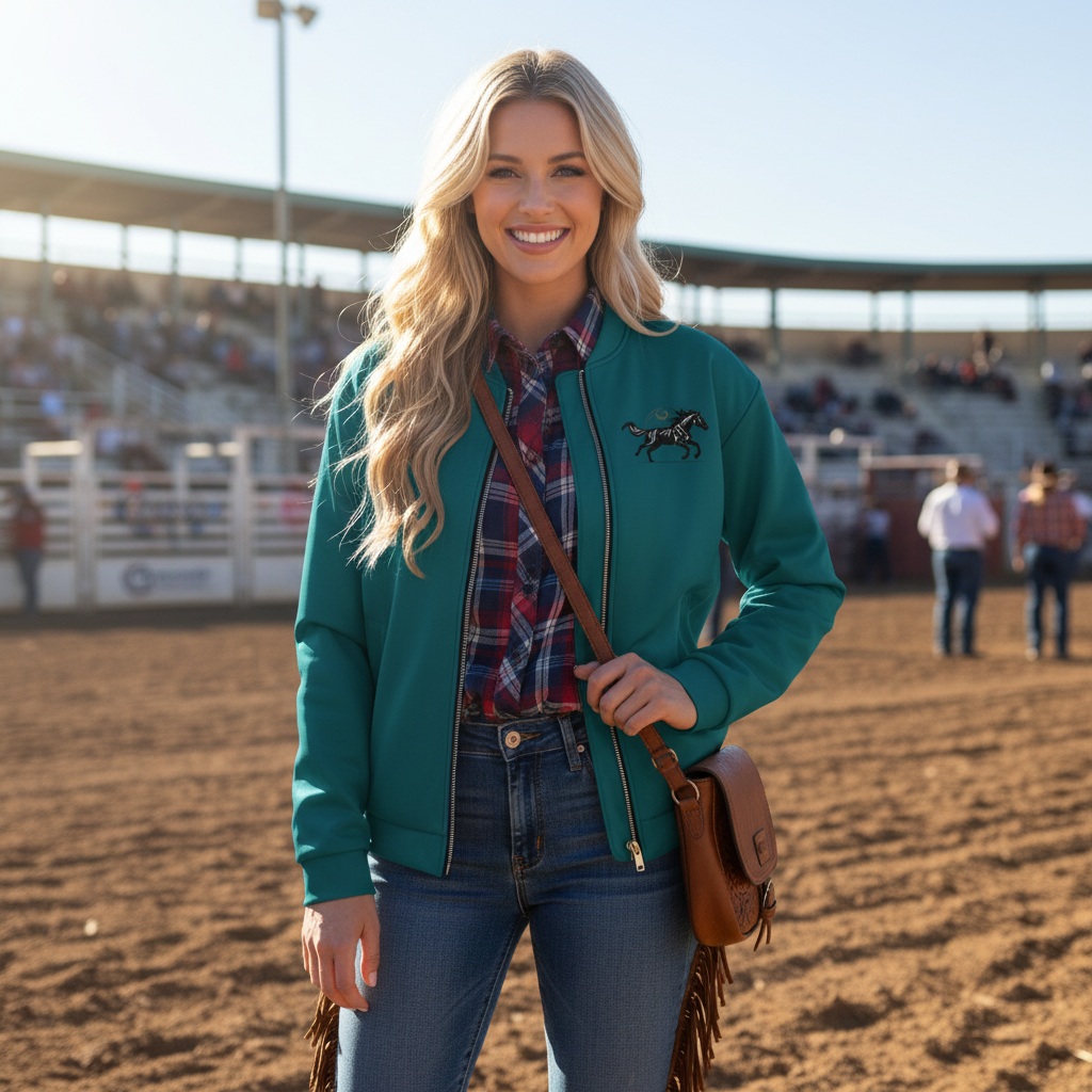 Blonde woman in horse bomber with bootcut jeans at rodeo arena
