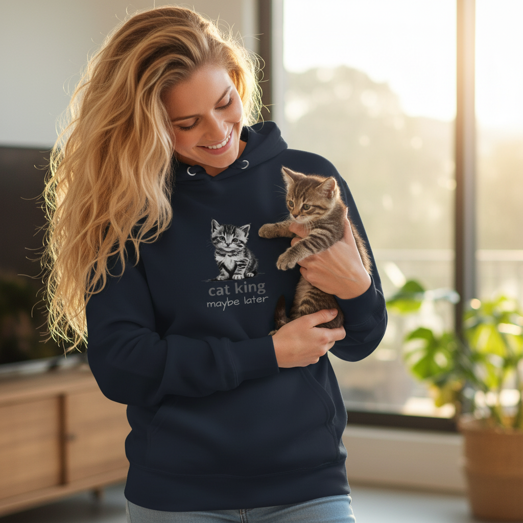 Blonde woman in navy cat king hoodie with visible design holding kitten