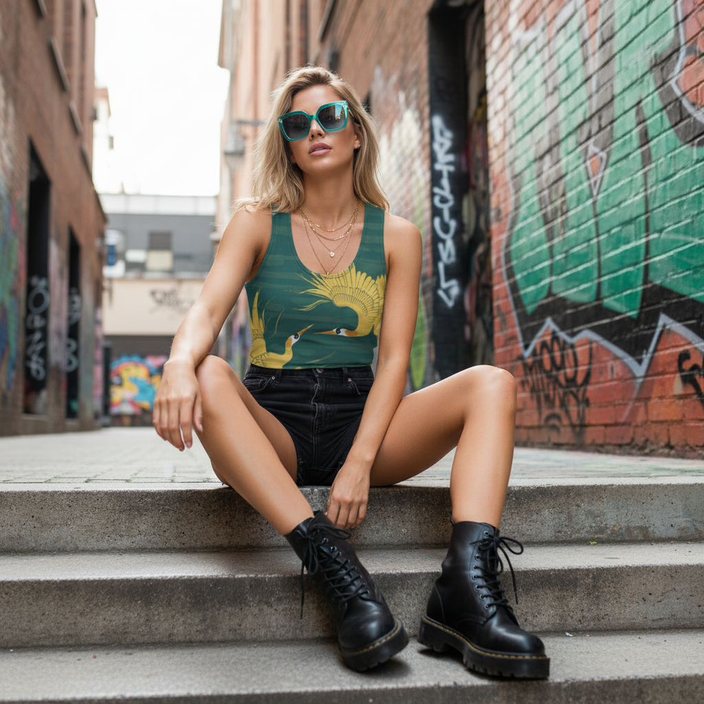 Blonde woman in teal crane tank top black denim shorts combat boots street art