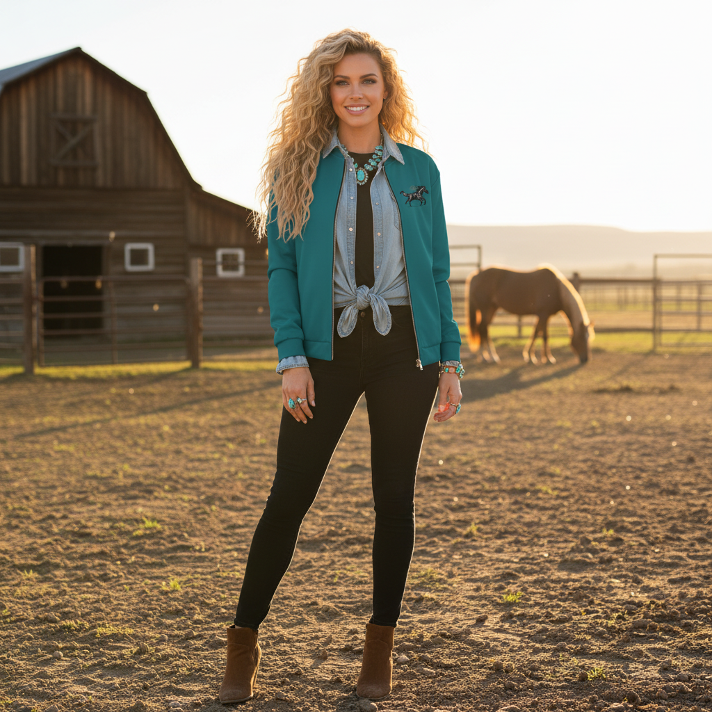 Blonde woman in teal horse bomber with black jeans and turquoise jewelry
