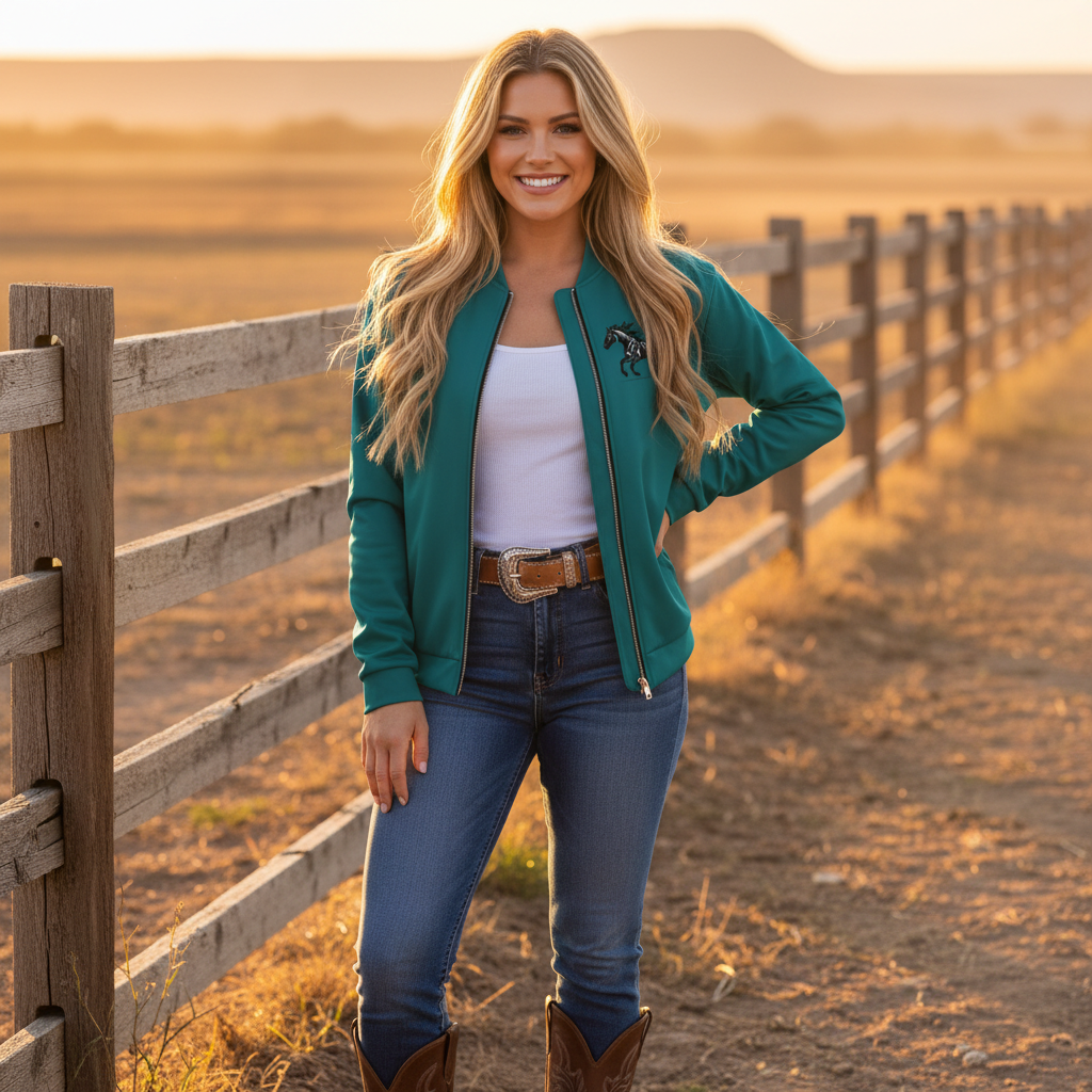 Blonde woman in teal horse bomber with jeans and cowboy boots at ranch