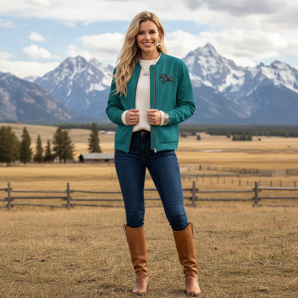 Blonde woman in teal horse bomber with jeans at Canadian countryside