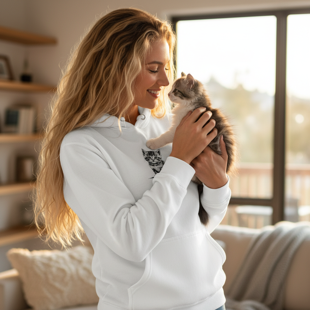 Blonde woman in white cat king hoodie with kitten