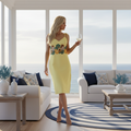 Blonde woman in yellow floral dress by coastal windows