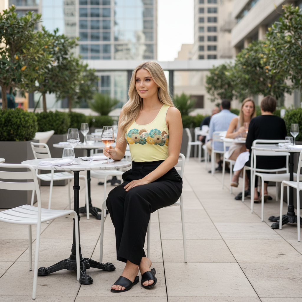 Blonde woman in yellow tank top with black pants at restaurant terrace