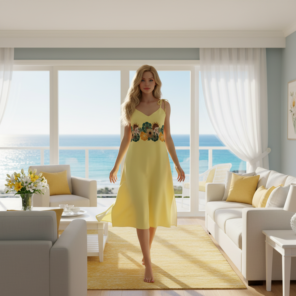 Blonde woman walking in yellow floral dress