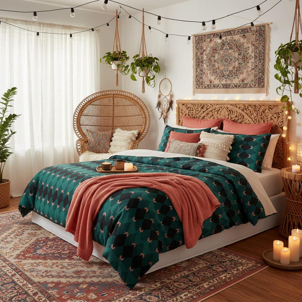Bohemian bedroom with emerald green mosaic duvet cover, bed with carved wood headboard, white walls with woven tapestry, flowing sheer curtains, layered textiles, coral pink throw blanket, patterned pillows, rattan peacock chair, abundant green hanging plants, macrame plant hangers, vintage rug, candles, dreamcatcher, warm cozy lighting