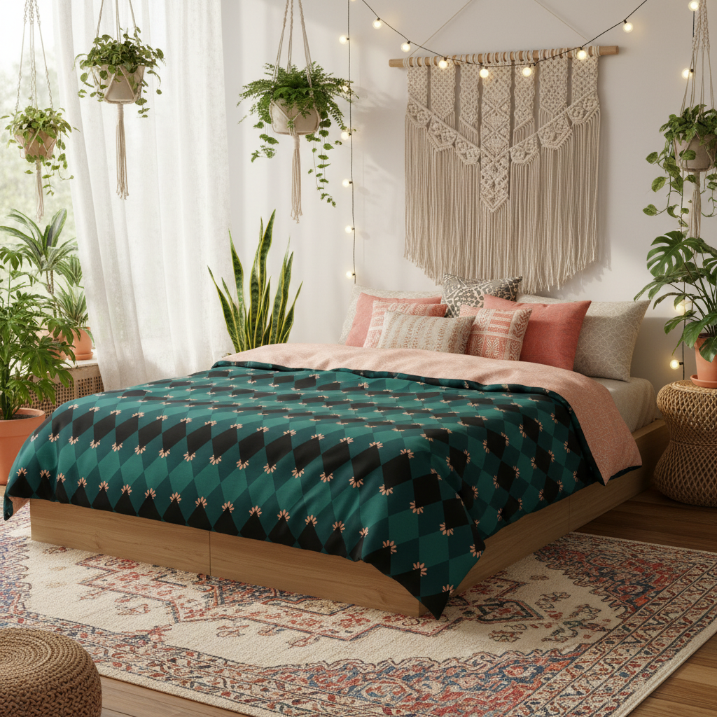 Bohemian bedroom with emerald mosaic duvet cover, low platform bed with natural wood frame, white walls with macrame wall hanging, flowing white gauze curtains, lots of colorful throw pillows in coral pink, peach, cream and emerald patterns, woven rattan furniture, abundant green plants in macrame hangers, moroccan rug, warm string lights
