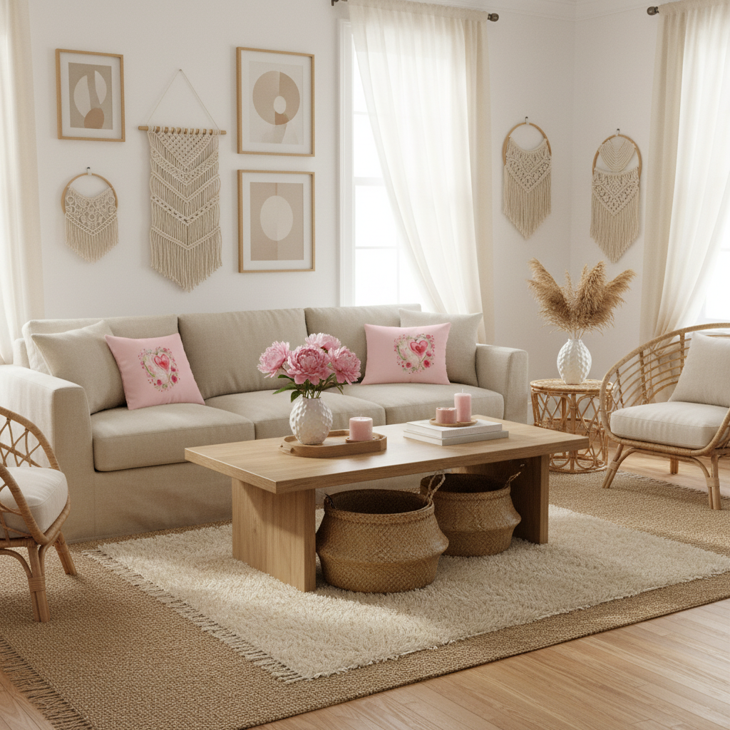 Bohemian living room with modern abstract art, beige sofa with pink heart floral pillows, flowing cream curtains, rattan furniture and macrame wall decor