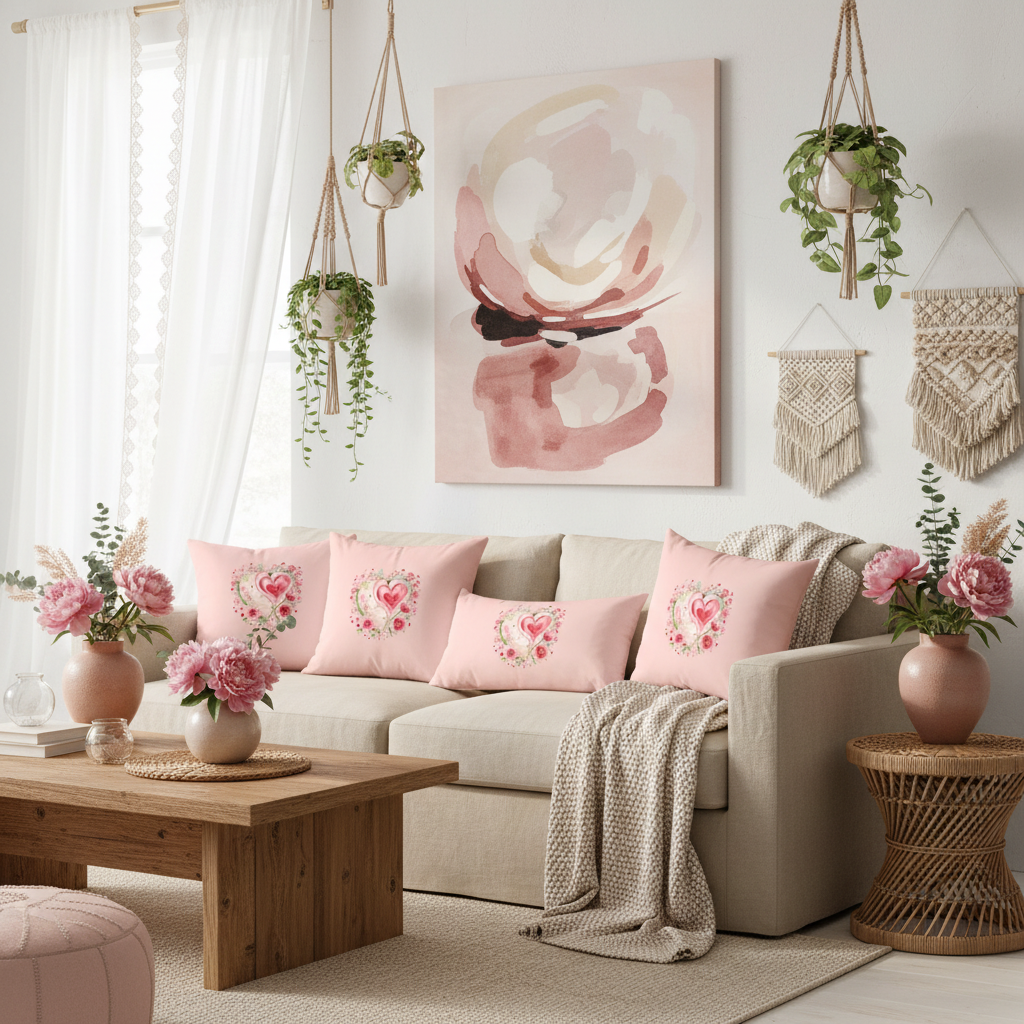 Bohemian living room with modern abstract art in pink and beige, white sheer curtains, beige sofa with pink heart pillows, macrame and natural textures