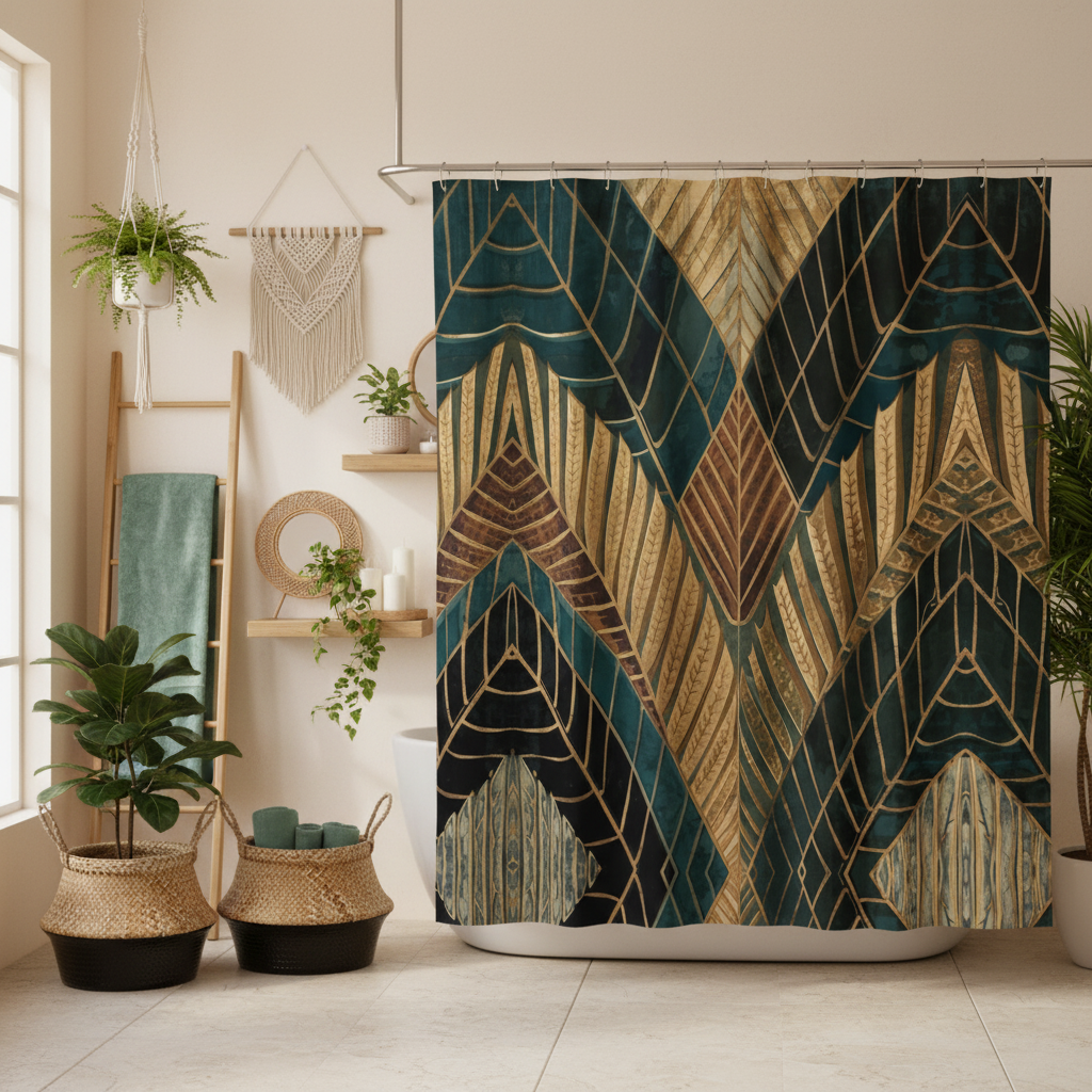 Bohemian spa bathroom with natural textures and tropical shower curtain