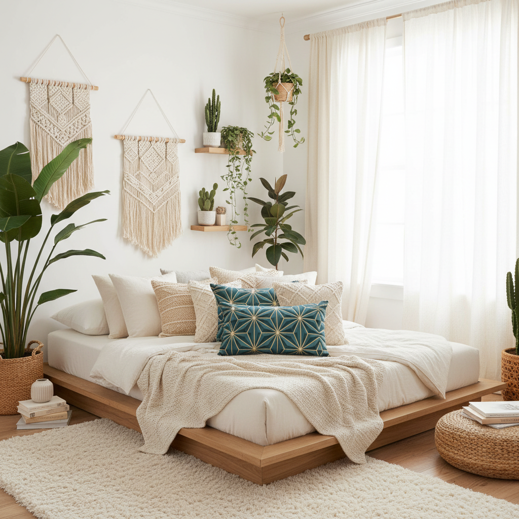Boho bedroom decor with teal geometric pillows and tropical plants