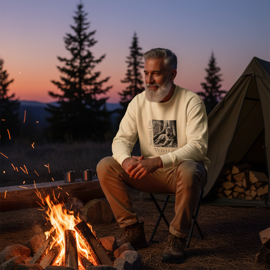 Bone wolf sweatshirt grey haired man campfire dusk