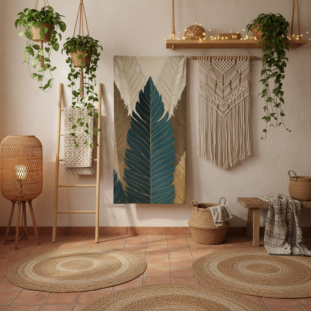 Botanical beach towel hanging on ladder rack in boho bathroom