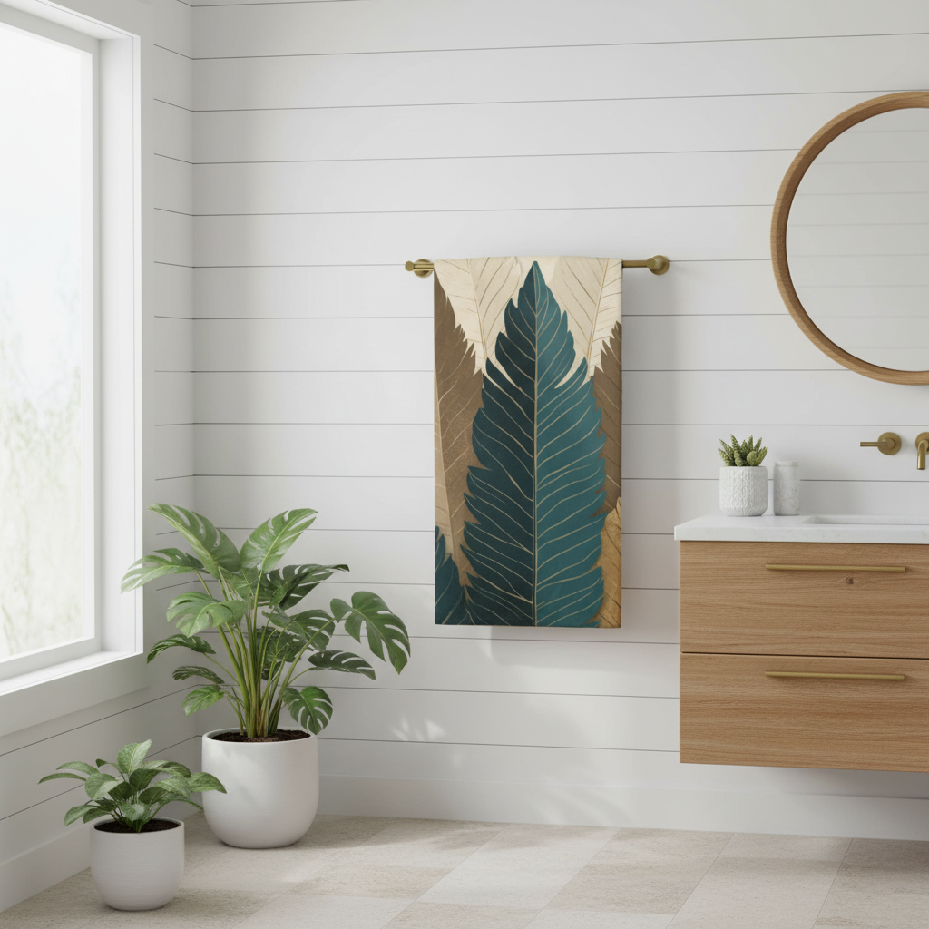 Botanical beach towel hanging spread on wall-mounted bar in coastal bathroom