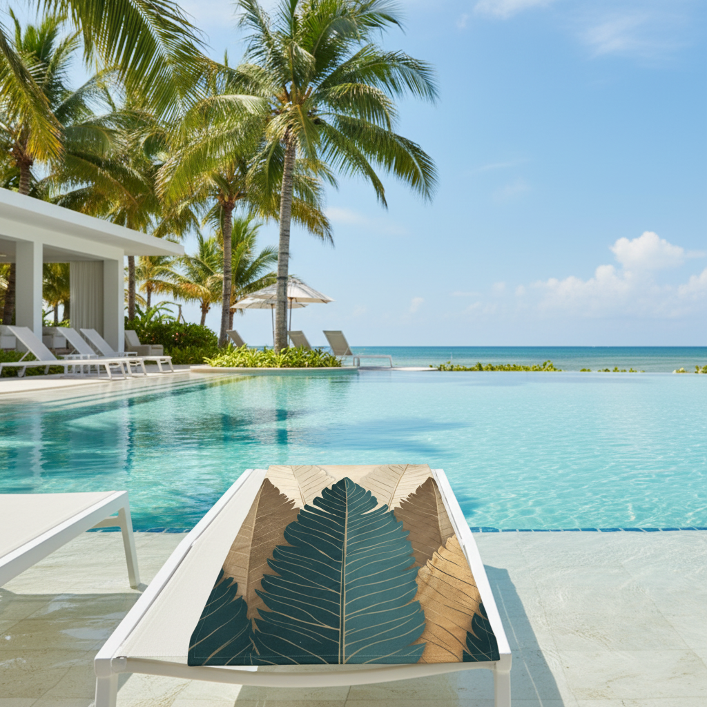 Botanical beach towel perfectly spread on white poolside lounger