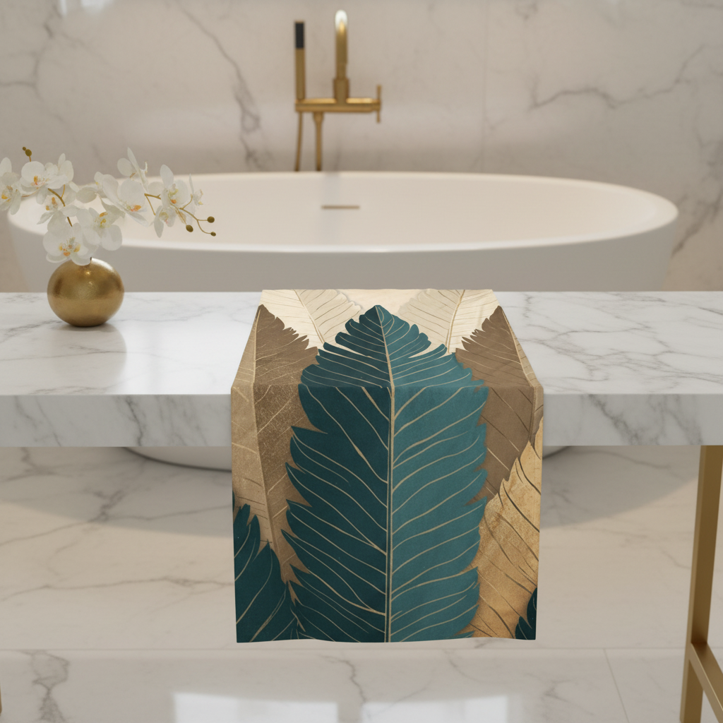 Botanical beach towel spread flat on marble bathroom counter