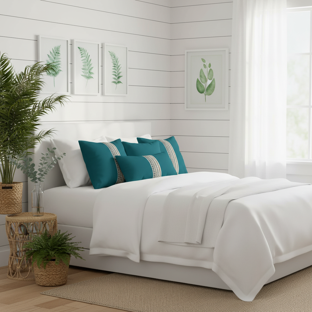 Botanical coastal bedroom with teal accent pillows