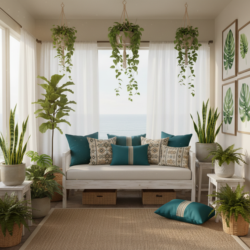 Botanical sunroom paradise with teal accents