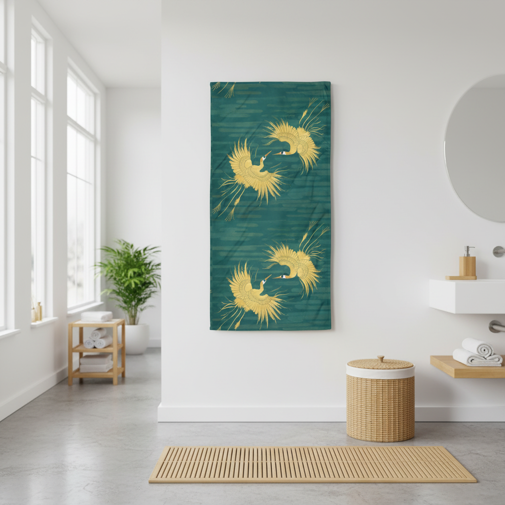 Bright airy bathroom with teal gold crane beach towel hanging vertically in clean spa setting