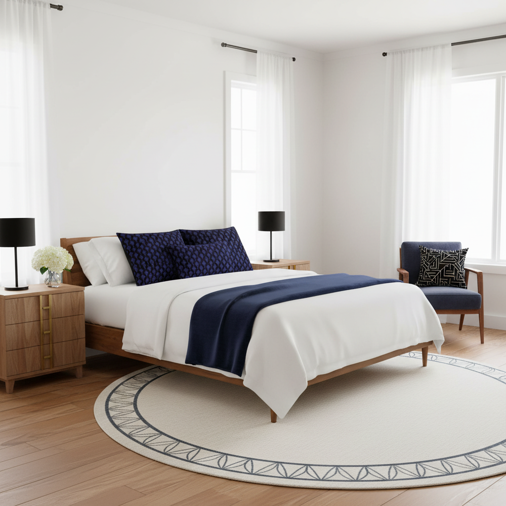 Bright airy bedroom with Art Deco pillows in deep blue and black, white walls, wood furniture