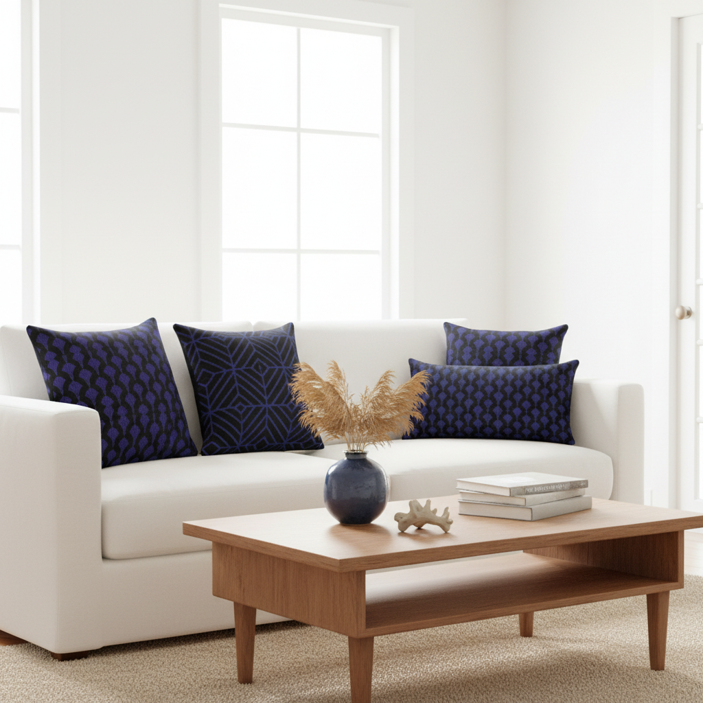 Bright airy living room with deep blue and black geometric pillows on white sofa