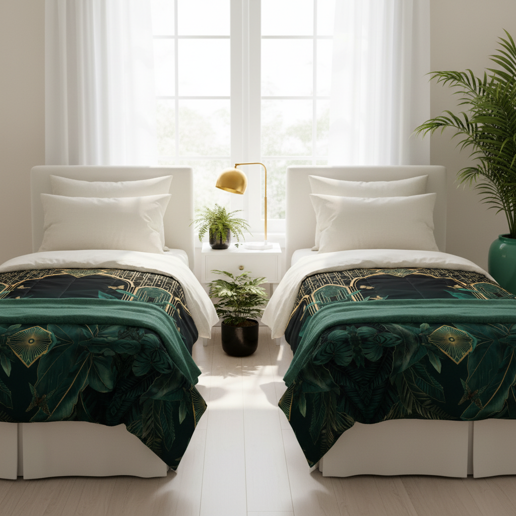 Bright airy twin bedroom with Emerald Plants duvet and jungle plants