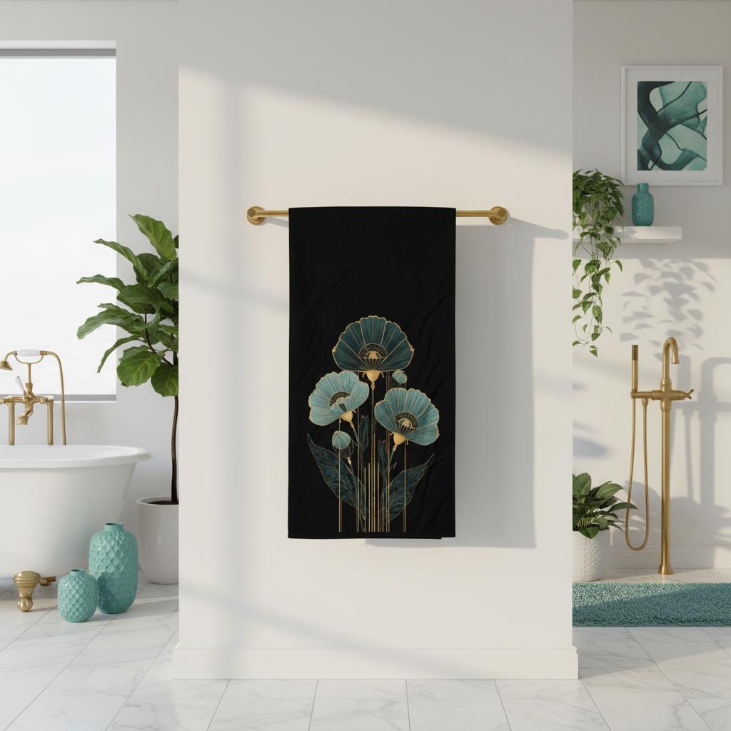 Bright bathroom with black teal gold floral beach towel hanging spread out on gold towel rack
