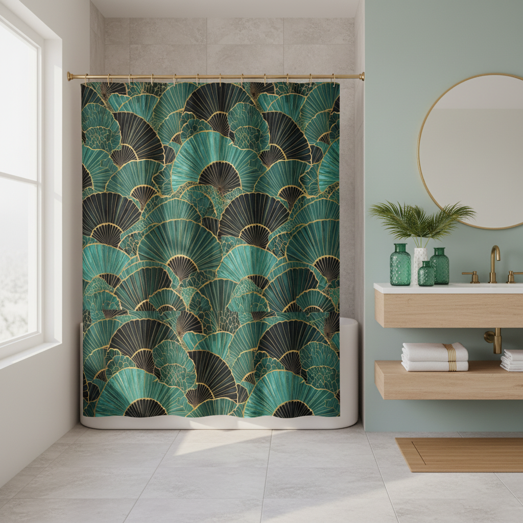 Bright bathroom with emerald fan shower curtain