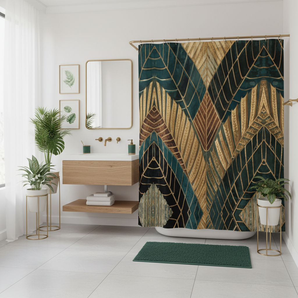 Bright bathroom with tropical shower curtain and emerald accessories