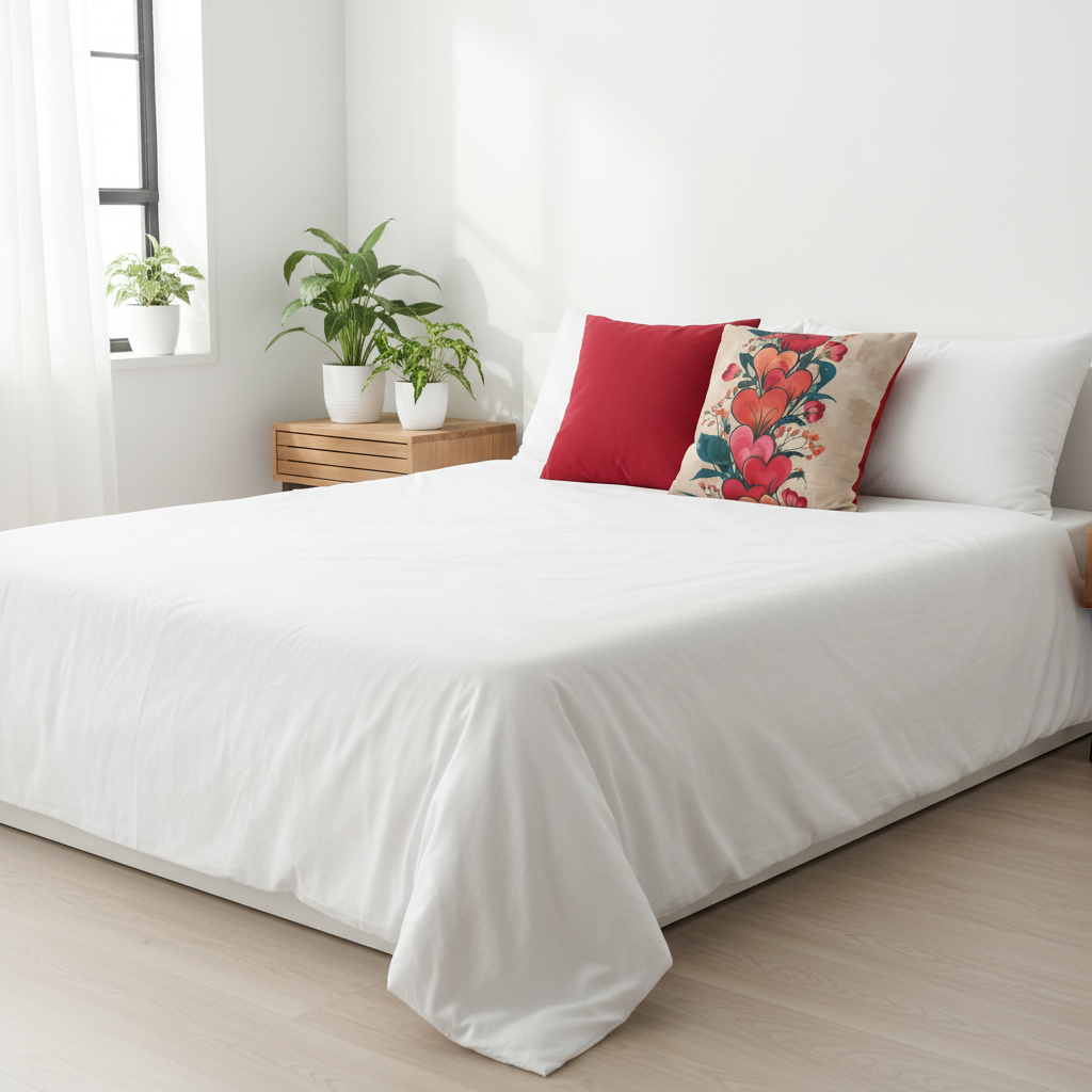 Bright bedroom with romantic heart pillowcases