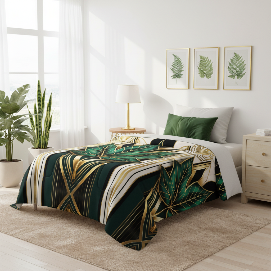 Bright bedroom with twin bed and gold lamp