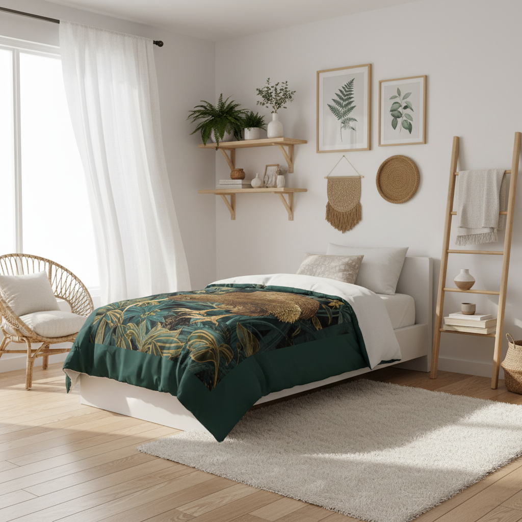 Bright coastal bedroom with kiwi bird comforter, white curtains, floating shelves, and native Australian plants