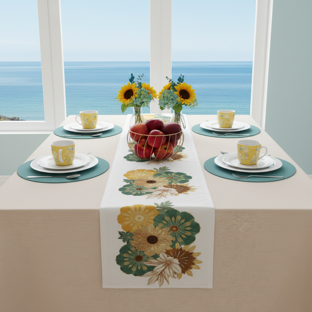 Bright coastal dining table with floral runner and colorful accents