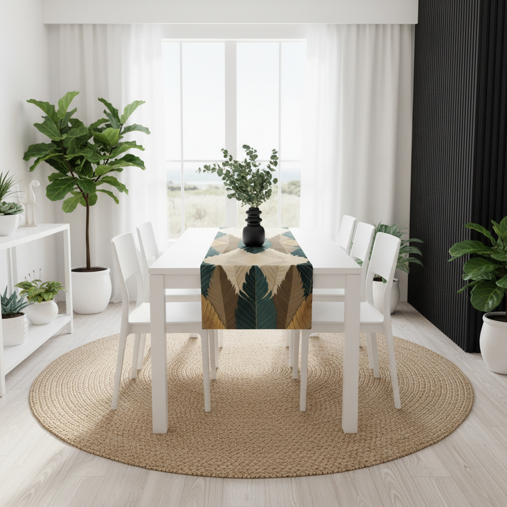 Bright coastal dining with full-length botanical table runner and white decor