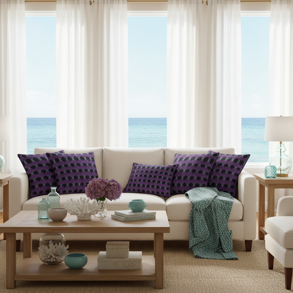 Bright coastal living room with geometric pillows and natural light