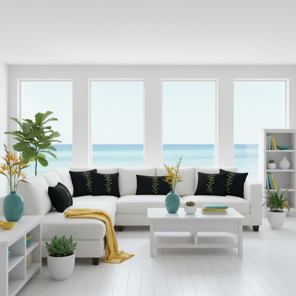 Bright coastal living room with white sectional sofa and multiple butterfly print decorative pillows