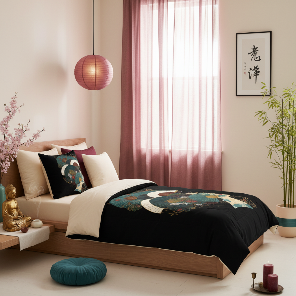 Bright elegant zen bedroom with Buddha and Oriental twin bedding
