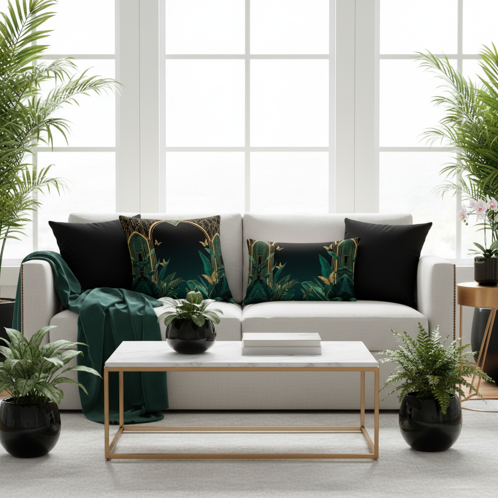 Bright living room with Emerald Plants throw pillows