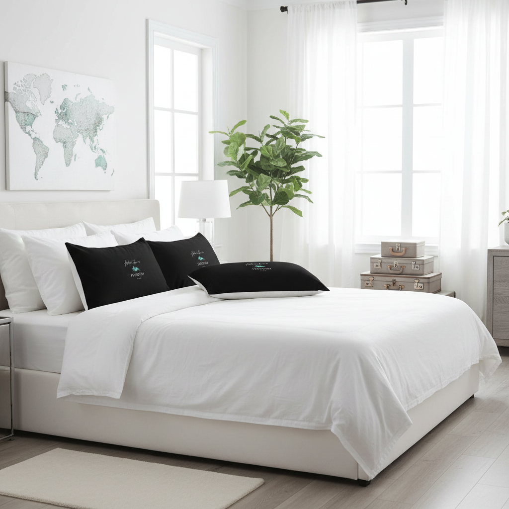 Bright modern bedroom with white bedding and rectangular Adventure Freedom Travel pillows