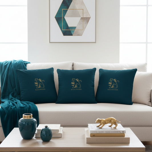 Bright modern living room with Black Panther pillows and coordinating decor