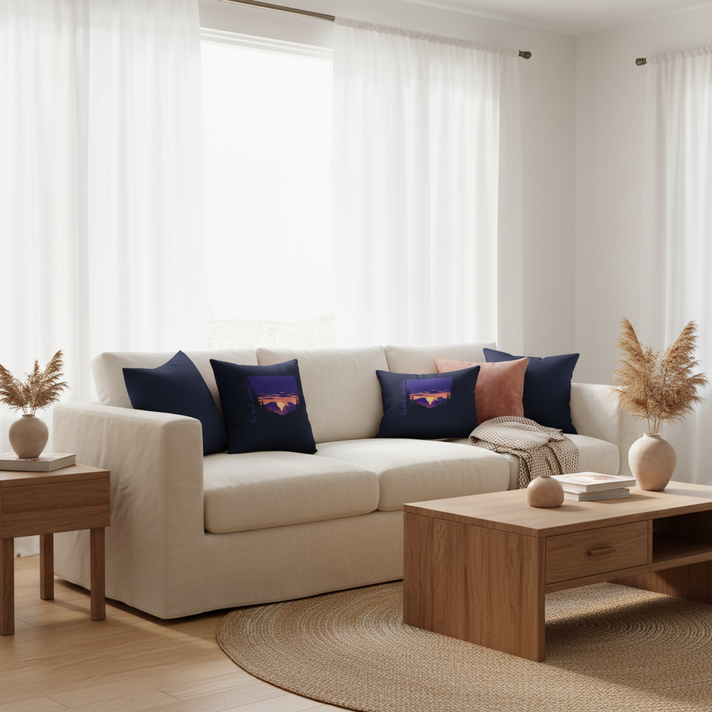 Bright sunlit living room with sunset pillows