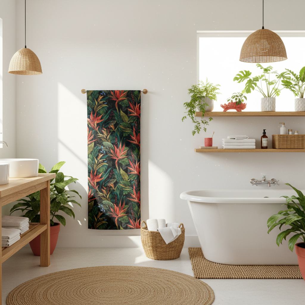 Bright sunny coastal bathroom with tropical beach towel with coral red flowers and green palm leaves hanging showing full pattern, white bathtub, natural wood shelving, green plants, coral red accessories, woven textures, natural light