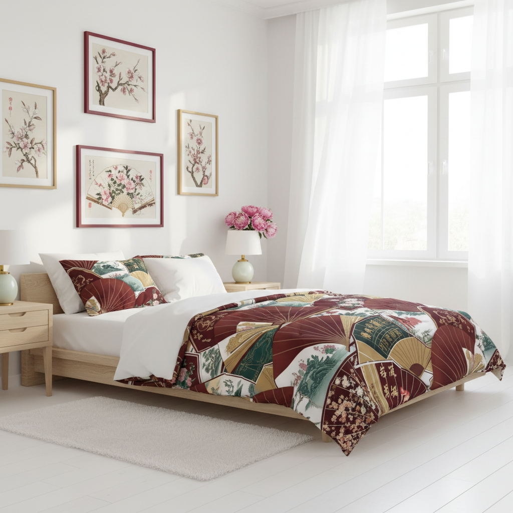 Bright white bedroom with Asian comforter