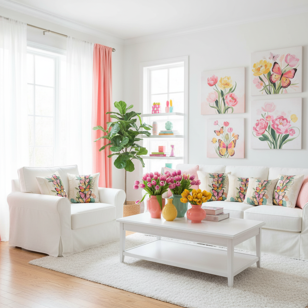 Bright white living room with butterfly pillows, coral curtains and colorful spring floral decor