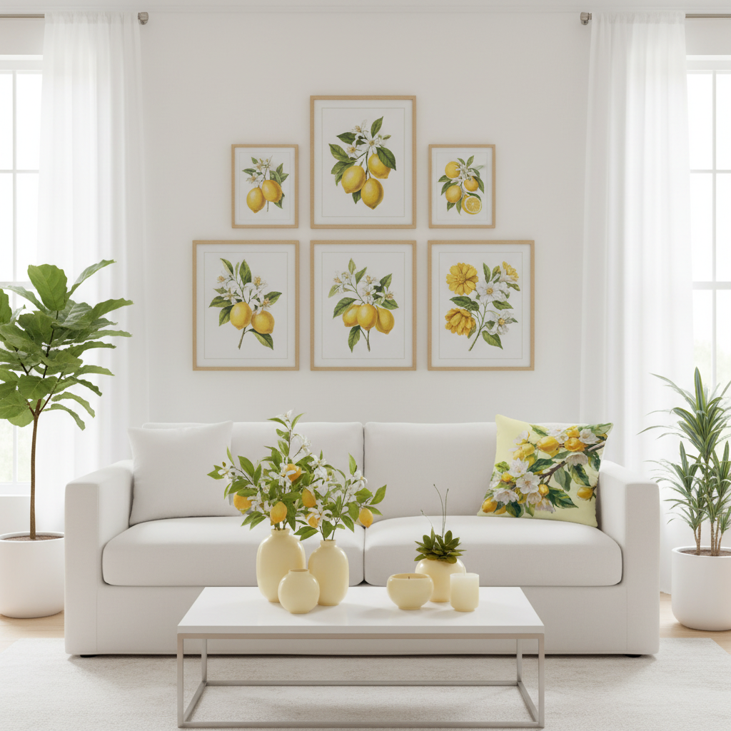 Bright white living room with lemon pillow, citrus artwork gallery wall and yellow vases