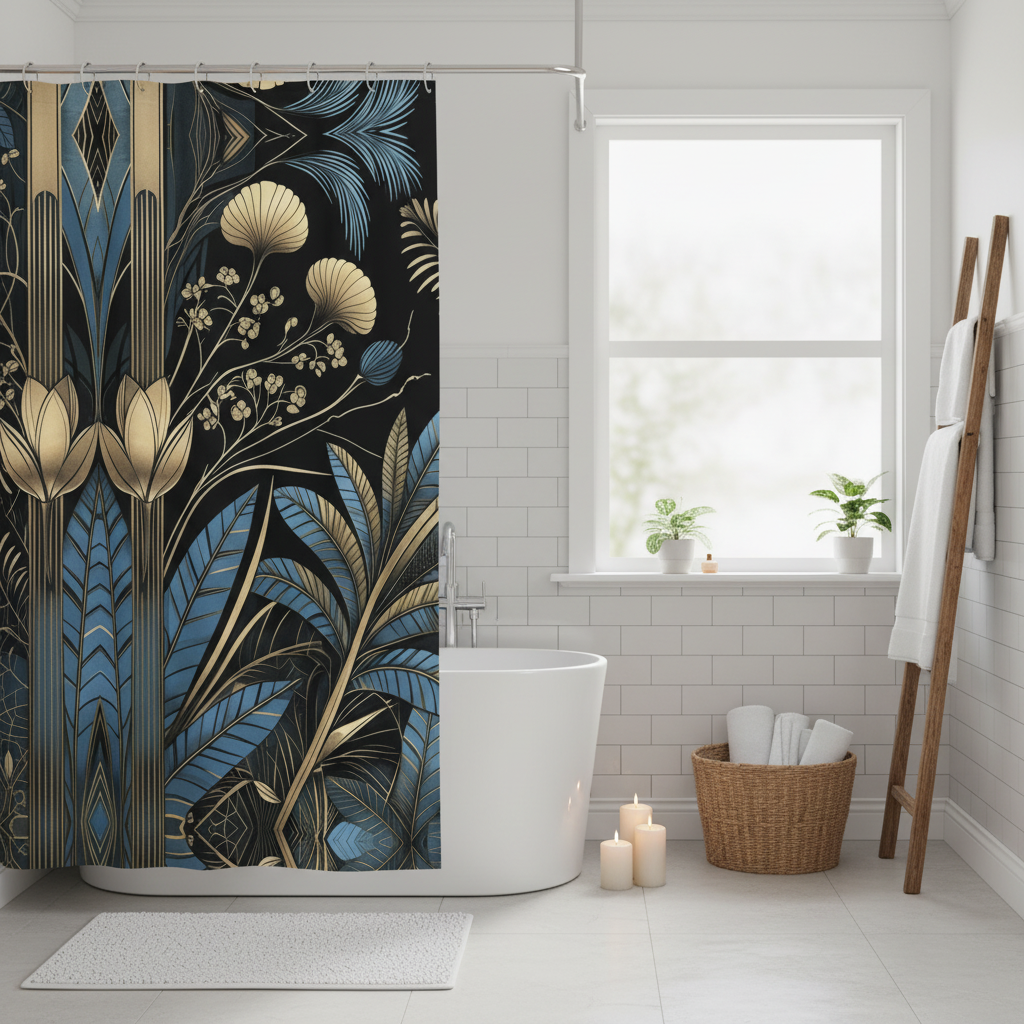 Bright white spa bathroom with Art Deco shower curtain and cozy accessories